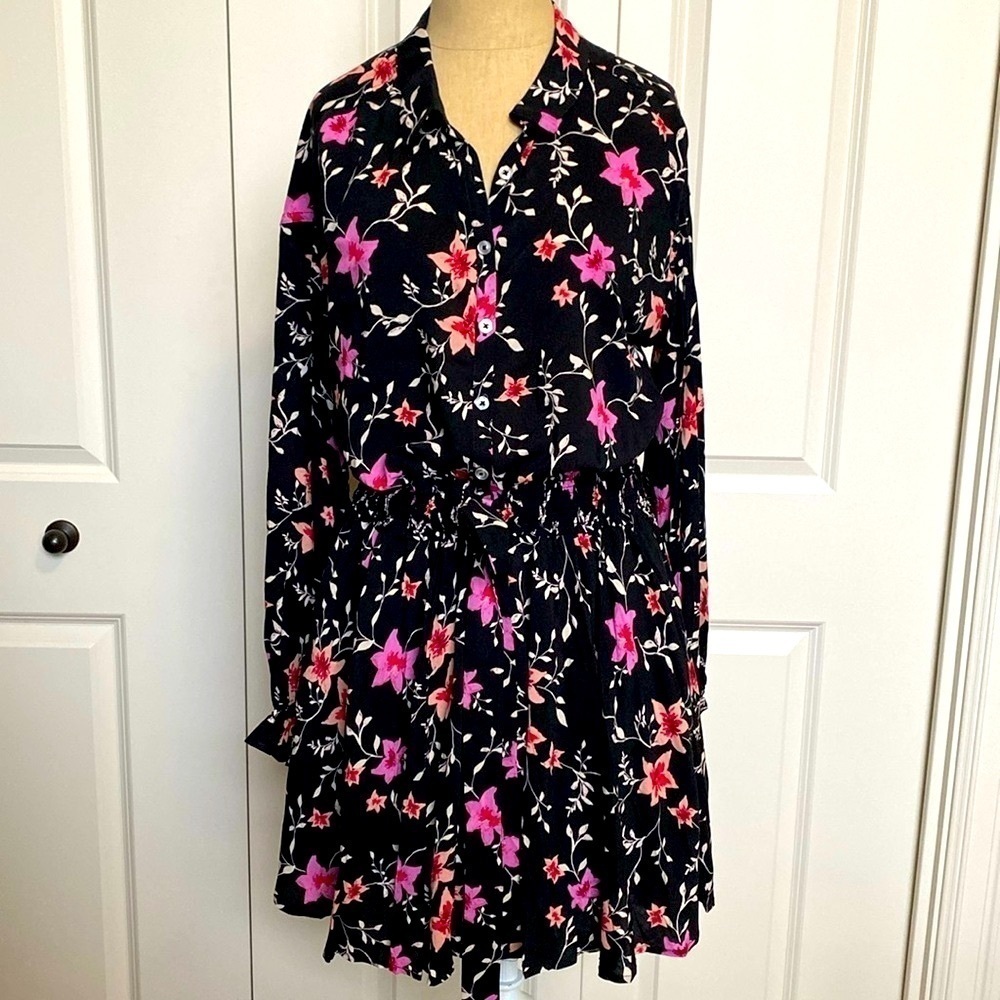 Free People Lighten Up floral mini shirt dress Womens M Pirate sleeve Bohemian